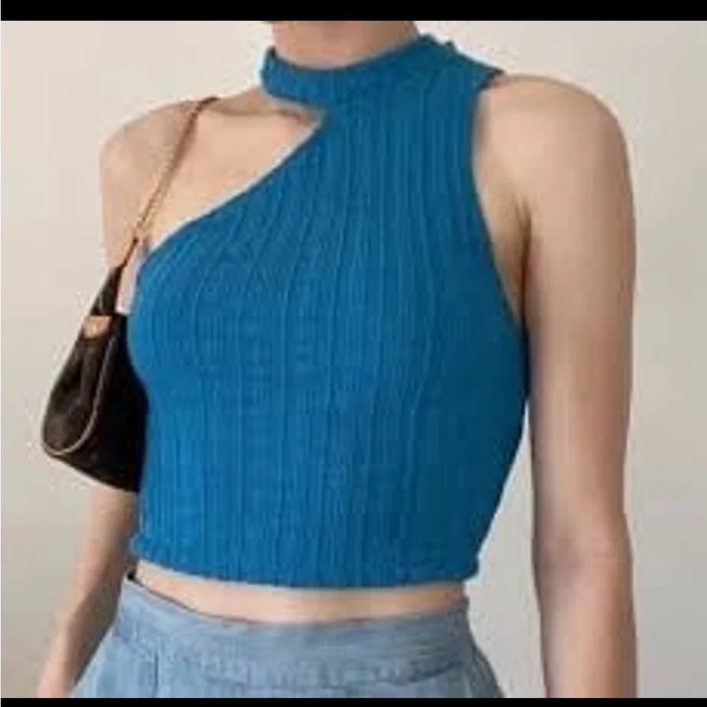 ZARA blue cable one shoulder halter top size M.